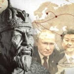 Photographic composition showing Timur and in the background the map of Central Asia with the images of the presidents of China and Russia. Photo: The Cradle.