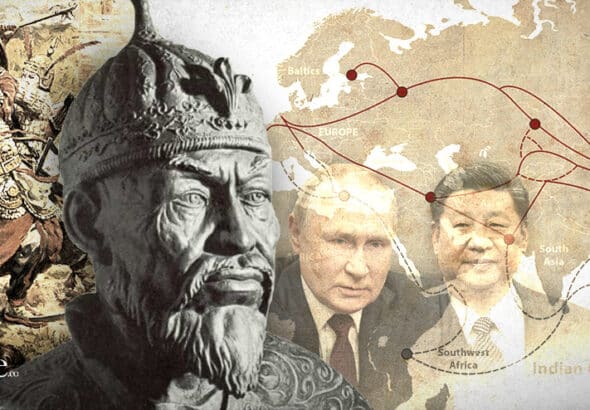 Photographic composition showing Timur and in the background the map of Central Asia with the images of the presidents of China and Russia. Photo: The Cradle.