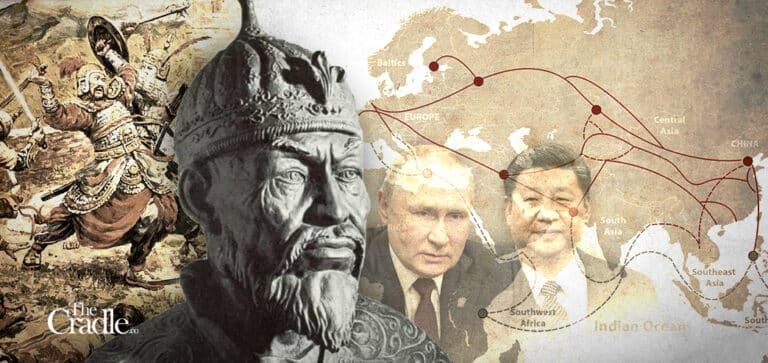 Photographic composition showing Timur and in the background the map of Central Asia with the images of the presidents of China and Russia. Photo: The Cradle.