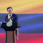 Colombian President Gustavo Petro wearing the presidential band during his inauguration speech. Bogota, August 7, 2022. Photo: Reuters/Luisa Gonzalez.