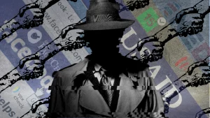 A Shadowy figure representing the shady deals between big business and the US Government