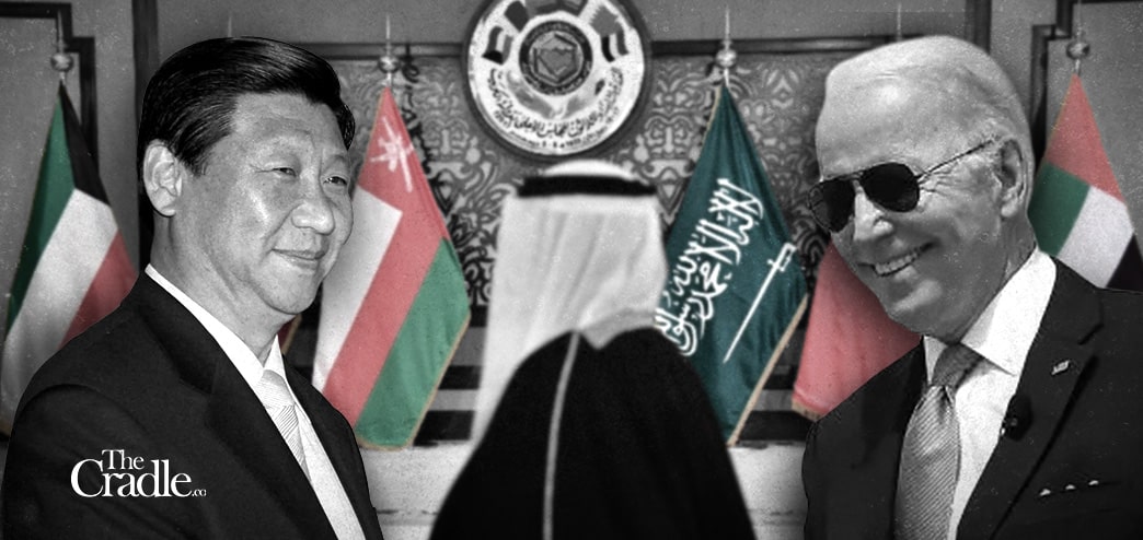 Photo composition showing US president, Joe Biden and Chinese President Xi Jinpin with a background of Arab countries flags. Photo: The Cradle.