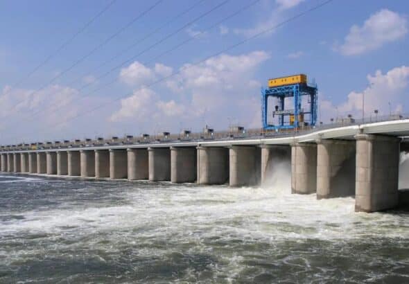 Dam of the Kakhovka hydroelectric power station that services the Zaporozhye nuclear power plant in Ukraine. The hydroelectric station and the nuclear site, currently under Russian control, are being shelled by Ukrainian forces. Photo: RT.