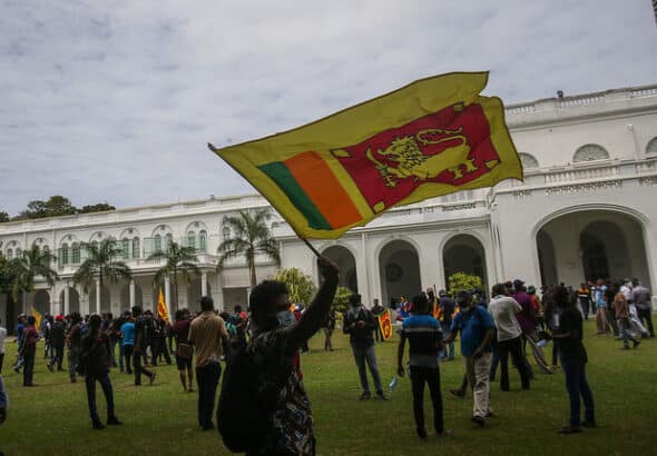 Protesters carry the Sri Lankan flag