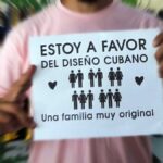 A person holds a sign that reads: "I am in favor of Cuban design" (figures of people appear in the sign where there are women-men, men-men, women-women, men-women-men and women-men- women) and ends with: A very original family. File photo.