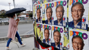 Election posters of Gustavo Petro, the new president of Colombia. Photo: Mauricio Dueñas Castañeda/EFE.