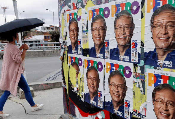 Election posters of Gustavo Petro, the new president of Colombia. Photo: Mauricio Dueñas Castañeda/EFE.