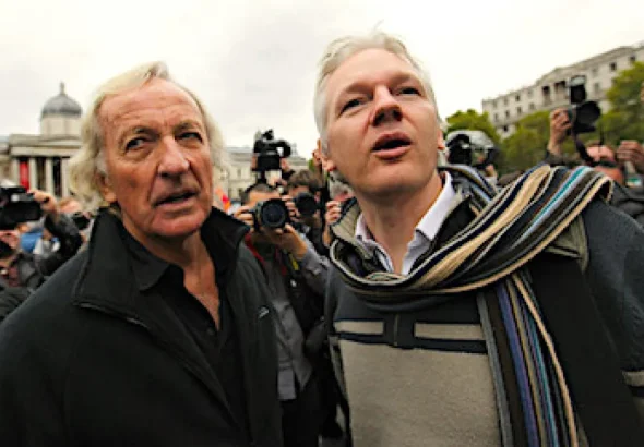 John Pilger, Australian journalist and Julian Assange, publisher of WikiLeaks. Photo: The Grayzone.