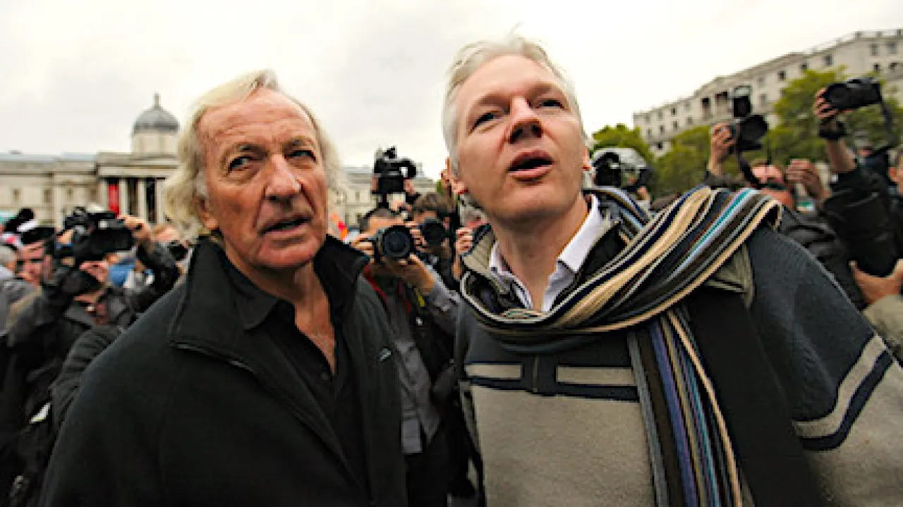 John Pilger, Australian journalist and Julian Assange, publisher of WikiLeaks. Photo: The Grayzone.