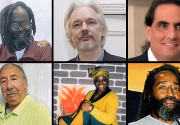 Just a few of the political prisoners in the United States (from top-left to bottom-right): Mumia Abu-Jamal, Julian Assange, Alex Saab, Leonard Peltier, Joy Powell, Veronza Bowers. Photo: Multipolarista.com.