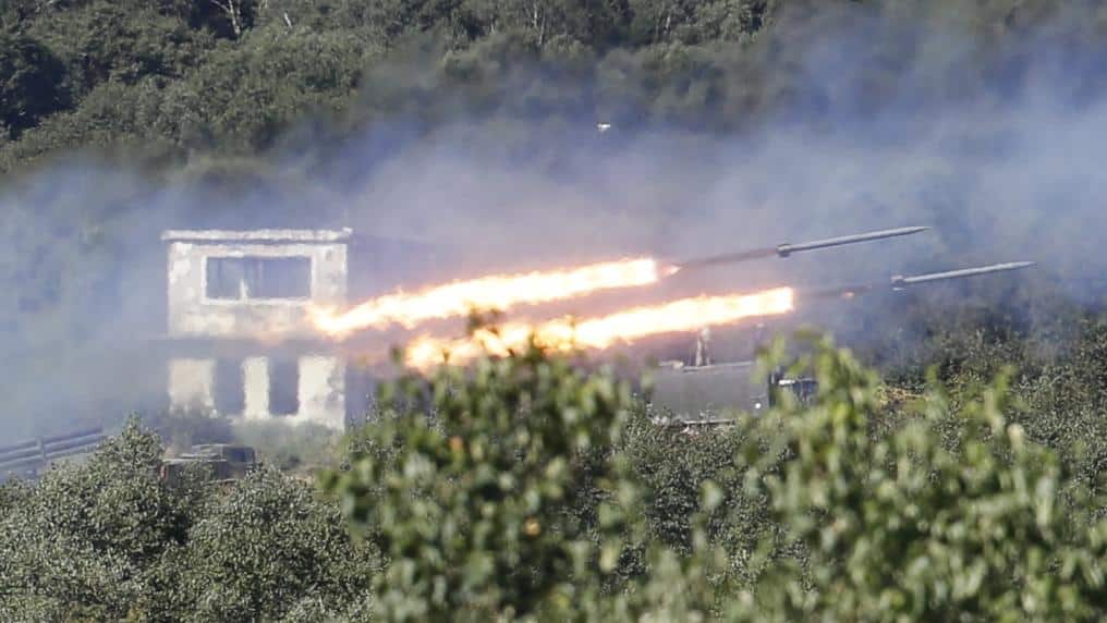 Russian rockets fired during exercises this month. Photo: Yuri Kochetkov/EPA, via Shutterstock.