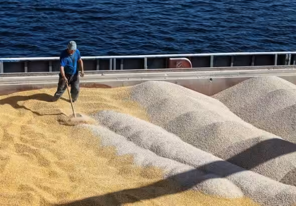 Volgograd, Russia April 26, 2022: An employee of the Volgograd Elevator grain storage loads grain on a vessel. Photo: Dmitry rogulin/Tass.