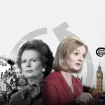 Photo composition showing Margaret Tatcher (left) and xxxx xxxx (right) with the UK parliament building in the background. Photo: Al Mayadeen English.