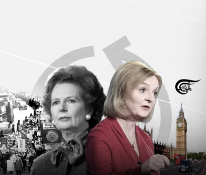 Photo composition showing Margaret Tatcher (left) and xxxx xxxx (right) with the UK parliament building in the background. Photo: Al Mayadeen English.