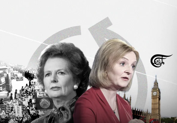 Photo composition showing Margaret Tatcher (left) and xxxx xxxx (right) with the UK parliament building in the background. Photo: Al Mayadeen English.