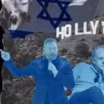 Photo composition: Up front directors of the Hollywood industry, in the background the symbol of Hollywood, and the flag of Israel. On the left side a text that reads: "The Israel files". Photo: MintPress News.