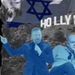 Photo composition: Up front directors of the Hollywood industry, in the background the symbol of Hollywood, and the flag of Israel. On the left side a text that reads: "The Israel files". Photo: MintPress News.
