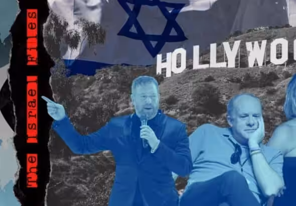 Photo composition: Up front directors of the Hollywood industry, in the background the symbol of Hollywood, and the flag of Israel. On the left side a text that reads: "The Israel files". Photo: MintPress News.