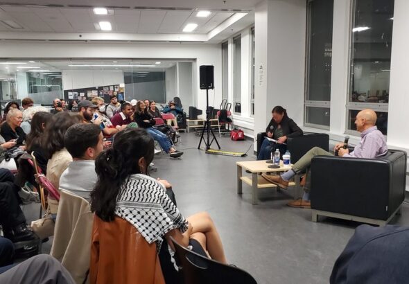 Electronic Intifada, co-founder and executive director of The Electronic Intifada, speaks at a PAJU event on September 15, 2022, held within Concordia University. Photo Credit: Palestinian and Jewish Unity.