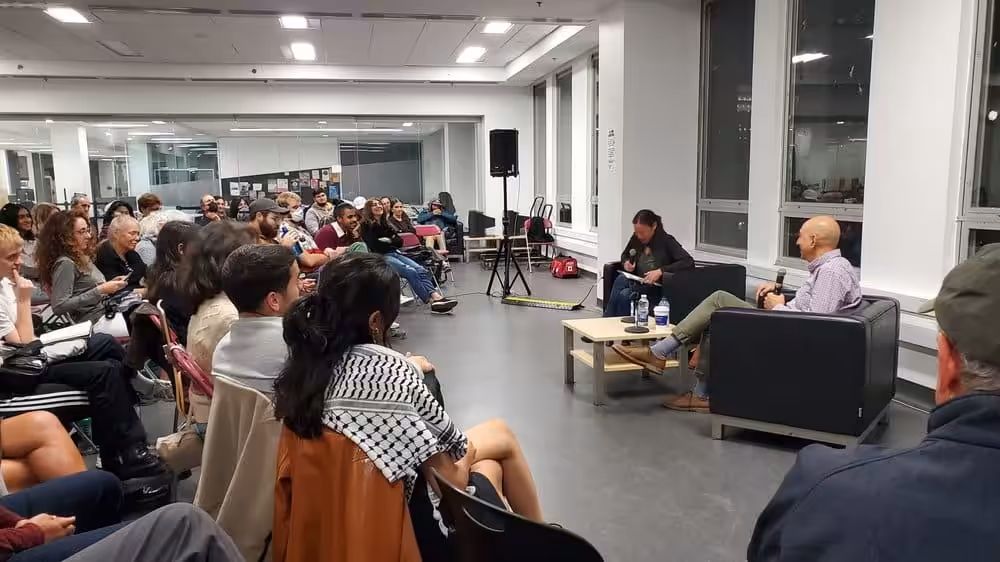 Electronic Intifada, co-founder and executive director of The Electronic Intifada, speaks at a PAJU event on September 15, 2022, held within Concordia University. Photo Credit: Palestinian and Jewish Unity.