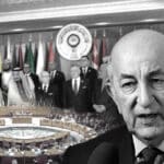 Photo composition with the images of Abdel Majid Tebboune and Syria’s Bashar Al Assad with a photo of an Arab League meeting in the background. Photo: The Cradle.