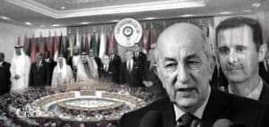 Photo composition with the images of Abdel Majid Tebboune and Syria’s Bashar Al Assad with a photo of an Arab League meeting in the background. Photo: The Cradle.