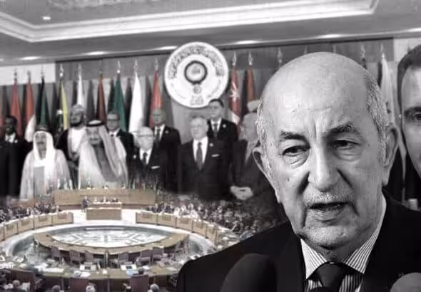Photo composition with the images of Abdel Majid Tebboune and Syria’s Bashar Al Assad with a photo of an Arab League meeting in the background. Photo: The Cradle.