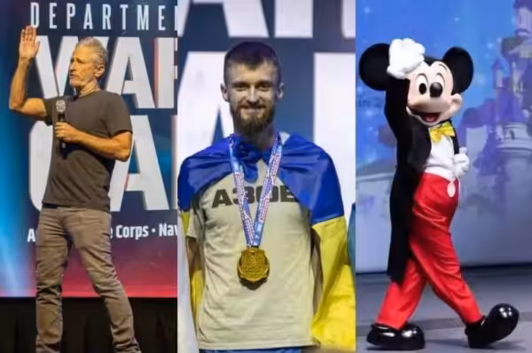 US comedian Jon Stewart (left), Ukrainian neo-nazi Ihor Halushka (center), and a person in cartoon costume (right) at the US Department of Defense Warrior Games 2022 in Disney World, Florida, USA. Photo composition: The Grayzone.