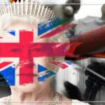 Photo composition showing Queen Elizabet with a UK flag watermarked over her face and in the background images of protests, commando operations and people wearing biohazard suits. Photo: PressTV.
