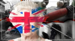Photo composition showing Queen Elizabet with a UK flag watermarked over her face and in the background images of protests, commando operations and people wearing biohazard suits. Photo: PressTV.