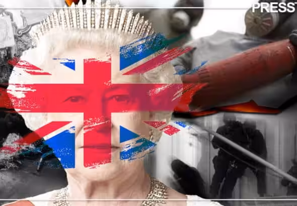 Photo composition showing Queen Elizabet with a UK flag watermarked over her face and in the background images of protests, commando operations and people wearing biohazard suits. Photo: PressTV.