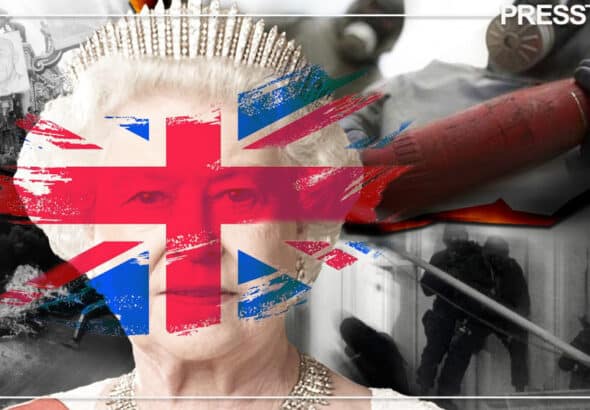 Photo composition showing Queen Elizabet with a UK flag watermarked over her face and in the background images of protests, commando operations and people wearing biohazard suits. Photo: PressTV.