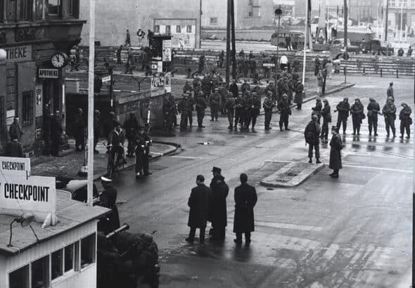 Friedrichstrasse, bisected by the Berlin Wall, in 1961. Operation Red Sox dropped 85 CIA agents into Soviet-controlled territory to gather intelligence about Moscow’s plans. Photo: Universal Images Group via Getty Images.