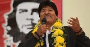 President Evo Morales giving a speech with a big banner of Che Guevara in the background. File photo.