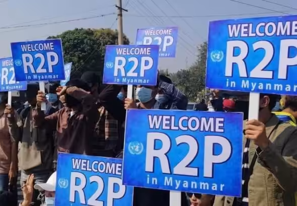 Opposition supporters demand the implementation of the Responsibility to Protect Doctrine in Myanmar. Photo: Twitter.