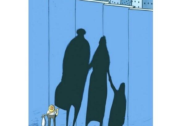 Drawing of a child separated from a city by a wall where can be visualize the silhouette of adults holding hands with a child. File photo.