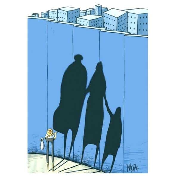 Drawing of a child separated from a city by a wall where can be visualize the silhouette of adults holding hands with a child. File photo.