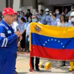 Pequiven President Pedro Rafael Tellechea during a worker's assembly at Monómeros headquarters in Barranquilla, after Venezuela officially regained control of the important asset. Photo: Twitter/@BorisCastellano.