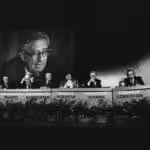 Henry Kissinger, former US Secretary of State chairing a panel session on “The New Partners” with Presidents (left to right) Ayaz Mutalibov of Azerbaijan; Stanislav Shushkevich, Chairman of the Supreme Soviet of Belarus; Nursultan Nazarbayev of Kazakhstan; Mircea Snegur of Moldova; Leonid Kravchuk of Ukraine; Islam Karimov of Uzbekistan at the Annual Meeting of the World Economic Forum in Davos in 1992.