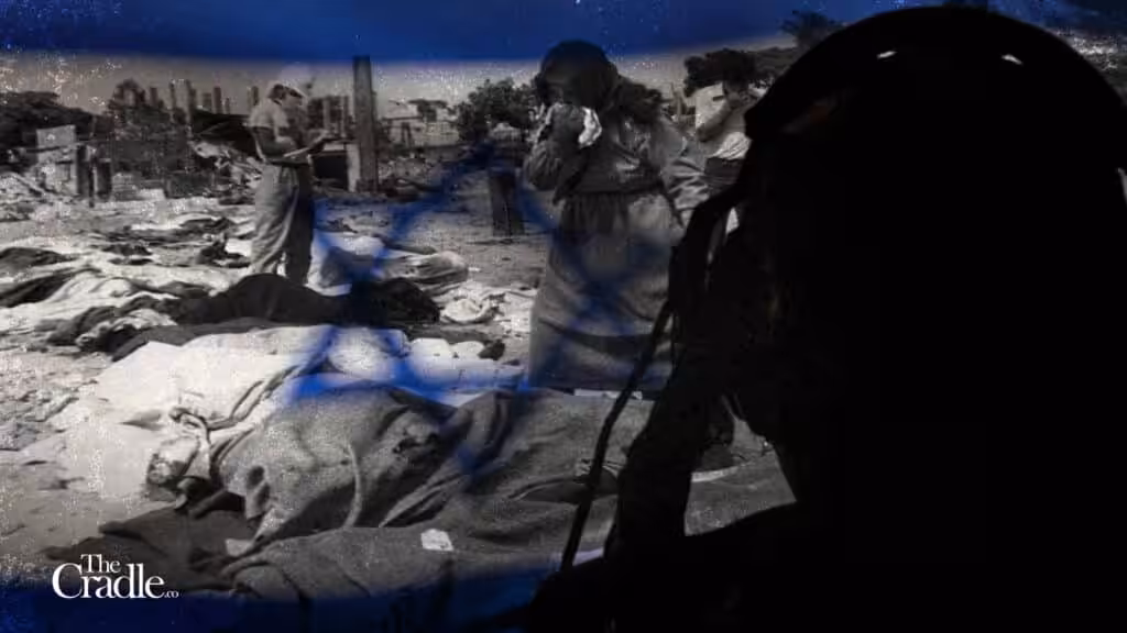 Photo composition showing several dead bodies covered with shits being counted by a person wearing a Red Cross t-shirt, along a David Star as a watermark. Photo: The Cradle.