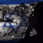 Photo composition showing several dead bodies covered with shits being counted by a person wearing a Red Cross t-shirt, along a David Star as a watermark. Photo: The Cradle.