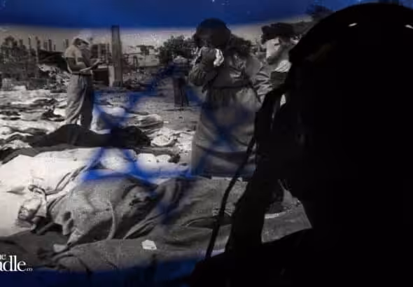 Photo composition showing several dead bodies covered with shits being counted by a person wearing a Red Cross t-shirt, along a David Star as a watermark. Photo: The Cradle.