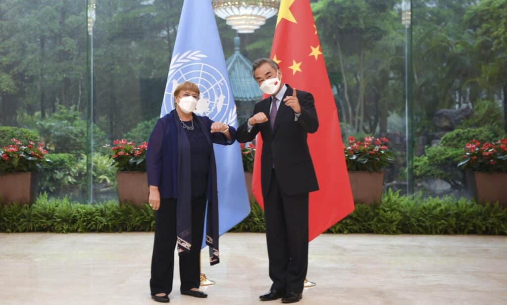 UN High Commissioner for Human Rights Michelle Bachelet (left) and Chinese Foreign Minister Wang Yi (right) during Bachelet's trip to China. Photo: Deng Hua/AP.