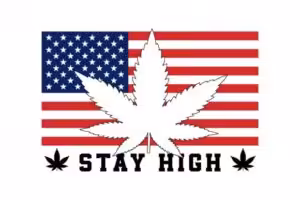 US flag with a marijuana leaf silhouette over it and a caption that reads: "Stay High." File photo.