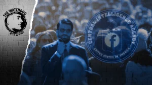 Photo composition showing a person walking on a crowded public space while talking through a headset, with a logo of the CIA and Facebook overlapped, and the logo to the podcast The Watchdog with Lowkey in the upper left corner. Photo: Mintpress News.