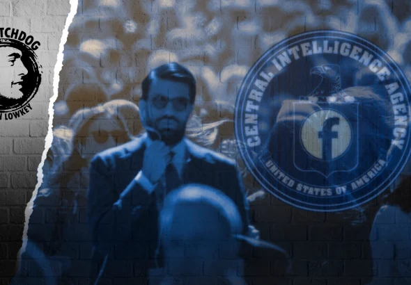 Photo composition showing a person walking on a crowded public space while talking through a headset, with a logo of the CIA and Facebook overlapped, and the logo to the podcast The Watchdog with Lowkey in the upper left corner. Photo: Mintpress News.