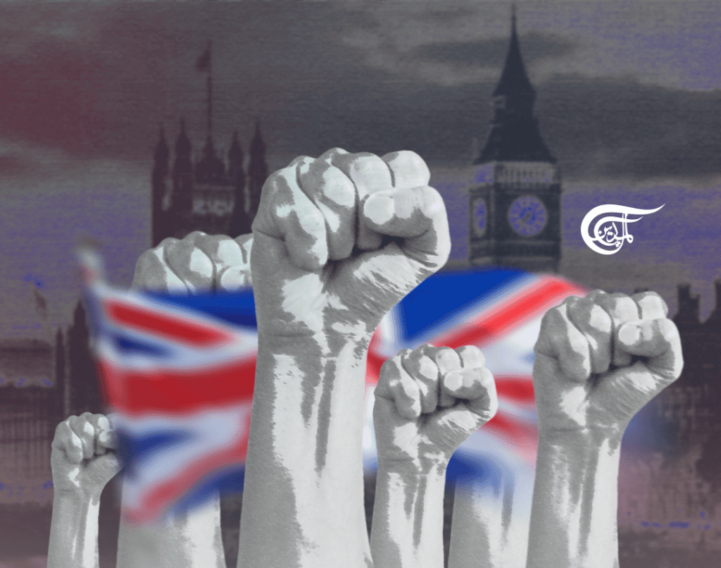 Photo composition showing several fist up, a UK flag and the UK parlament building in the background. Photo: Al Mayadeen.