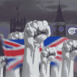 Photo composition showing several fist up, a UK flag and the UK parlament building in the background. Photo: Al Mayadeen.