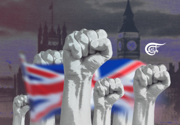 Photo composition showing several fist up, a UK flag and the UK parlament building in the background. Photo: Al Mayadeen.