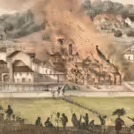 Image of burning plantation during the 1831 rebellion led by Sam Sharpe in Jamaica.